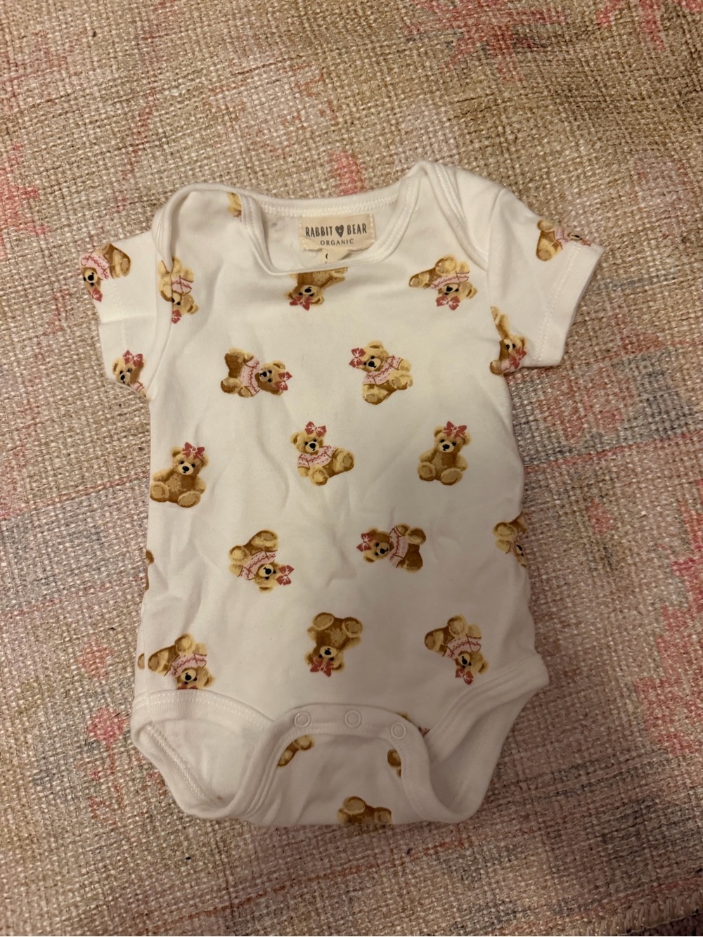 Rabbit & Bear Organic White Teddy Bear Print One-Piece Bodysuit